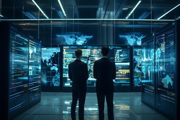 Businessman standing next to screens full of trade data using hitech