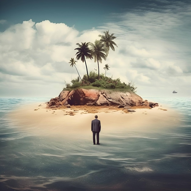 Businessman standing on a small island in the middle of the sea