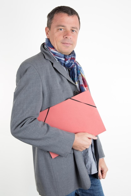 Businessman Standing Smiling Holding Business Documents Folder on Isolate White Background