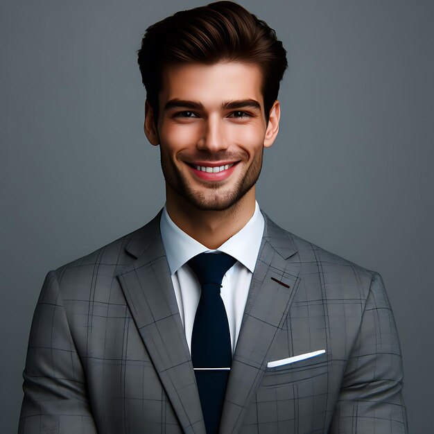 a businessman standing and smiling with a grey background