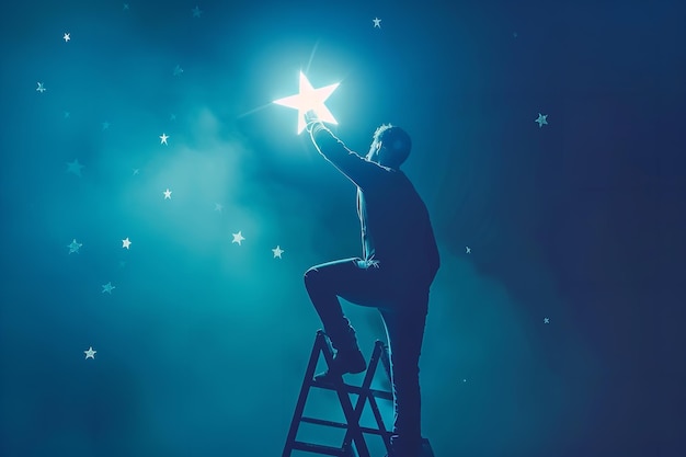 Photo a businessman standing on a starshaped ladder is reaching for a moment generative ai