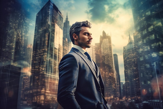 Businessman standing tall against a backdrop of towering buildings and dynamic city life