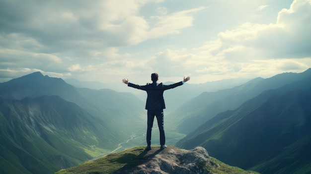 Businessman standing on top of mountain and looking at the beautiful landscape Success concept