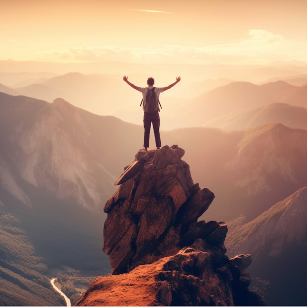 Businessman standing on top of a mountain and looking at the future