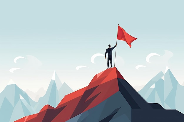 Businessman standing on top of a mountain peak holding a red flag