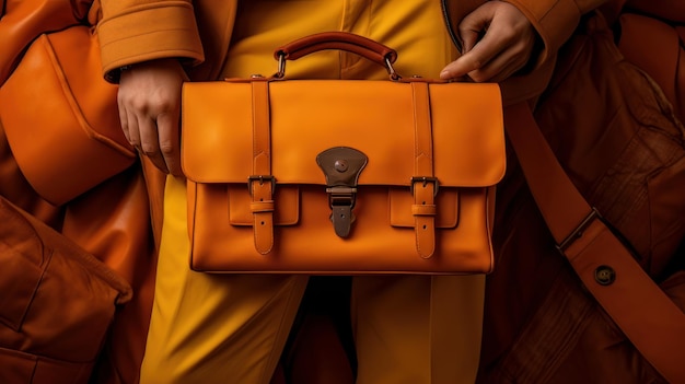 Businessman standing with briefcase on orange background