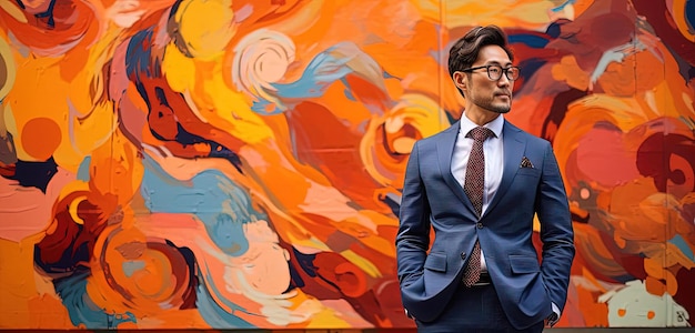 a businessman standing with his arms crossed near a colorful mural in the style of contemporary