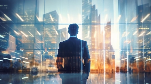 businessman standing with office building in a city background with double exposure generative AI