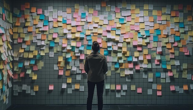 The businessman stands holding a reminder brainstorming ideas for success generated by AI