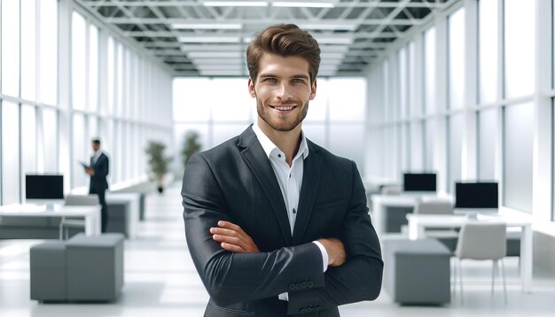 Businessman stands with crossed arms in a bright contemporary office lobby