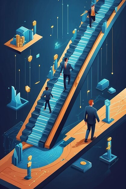 Businessman Steps Forward Navigating the Blockchain Path to Future Growth and Investments Isometric Vector Illustration