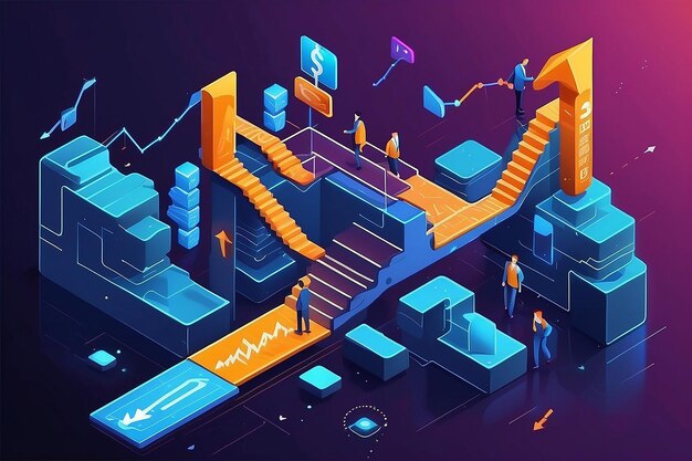 Businessman Steps Forward Navigating the Blockchain Path to Future Growth and Investments Isometric Vector Illustration