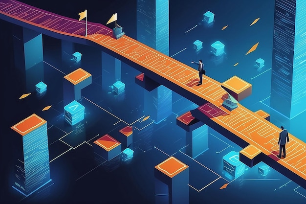 Businessman Steps Forward Navigating the Blockchain Path to Future Growth and Investments Isometric Vector Illustration