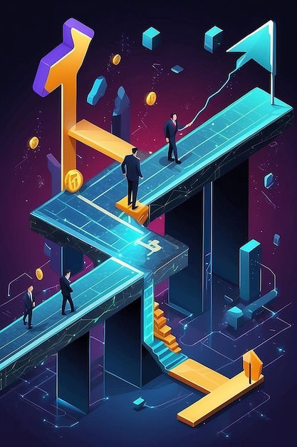 Businessman Steps Forward Navigating the Blockchain Path to Future Growth and Investments Isometric Vector Illustration