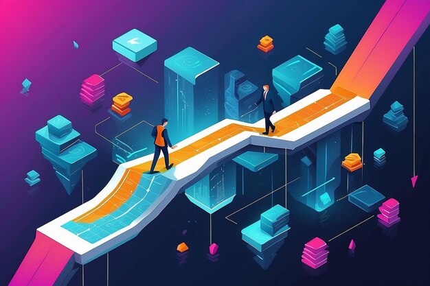 Businessman Steps Forward Navigating the Blockchain Path to Future Growth and Investments Isometric Vector Illustration