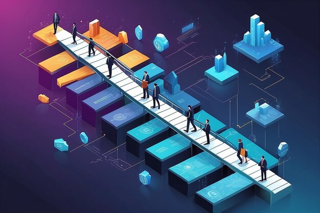 사진 businessman steps forward navigating the blockchain path to future growth and investments isometric vector illustration