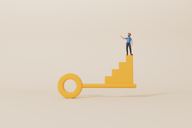 Businessman stood at the top of a key to success d rendering