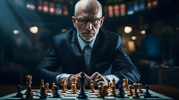 체스 게임에서 다음 수를 전략화하는 사업가