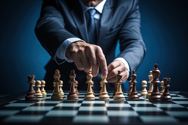 Businessman strategizing with chess pieces for competitive advantage and risk management