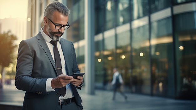 Businessman on the street surrounded by office buildings Created with Generative AI technology