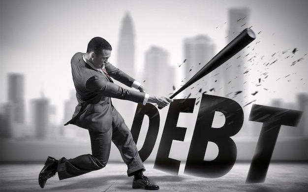 Photo businessman striking the word debt with a baseball bat business loan and debt image concept