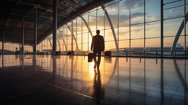 Businessman strolling at the airport silhouette concept