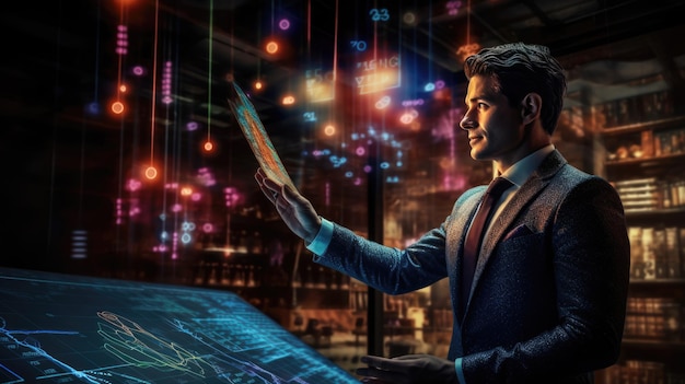 Businessman studies the financial market using holograms with charts projected in his office