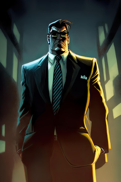 Businessman in the style of an American movie poster Vintage wearing a business suit facing away from the camera on a black background Generative Ai