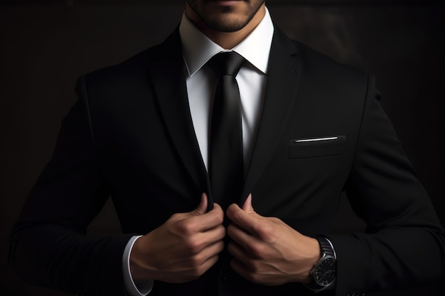 スタイリッシュな黒のスーツを着たビジネスマンがジャケットを直す