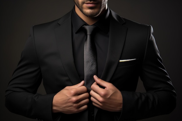 Бизнесмен в стильном черном костюме поправляет куртку
