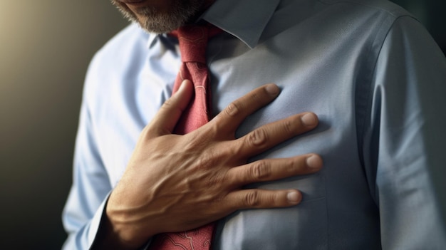 Businessman suffering from chest pain closeup Health care concept