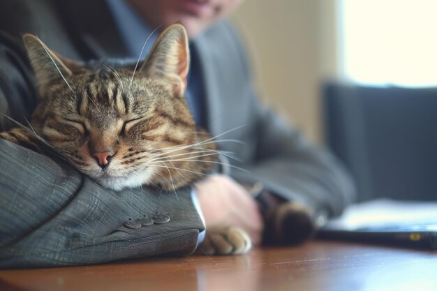 Businessman in Suit Enjoys Work Time With His Striped Cat on Desk