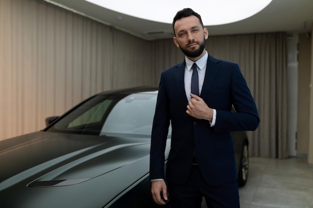 Businessman in a suit next to an expensive luxury car