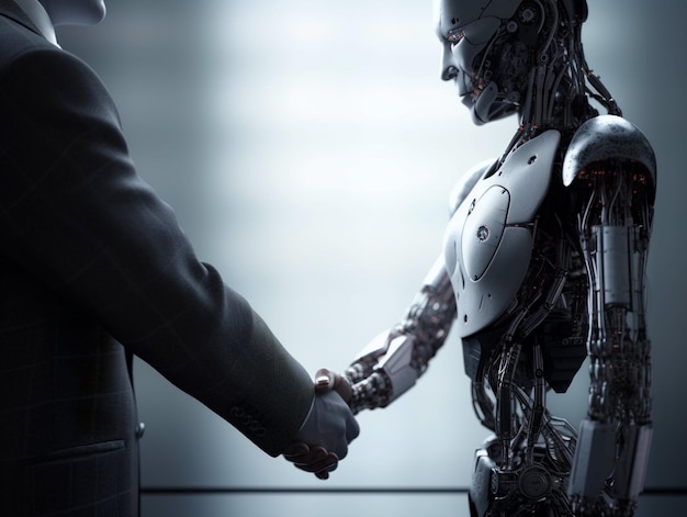 Photo businessman in a suit handshake with ai robot generative ai