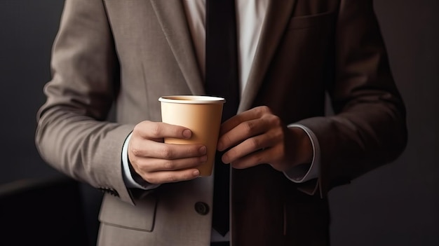コーヒーカップを持ったスーツを着たビジネスマン