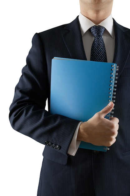 Photo businessman in suit holding folder isolated on white