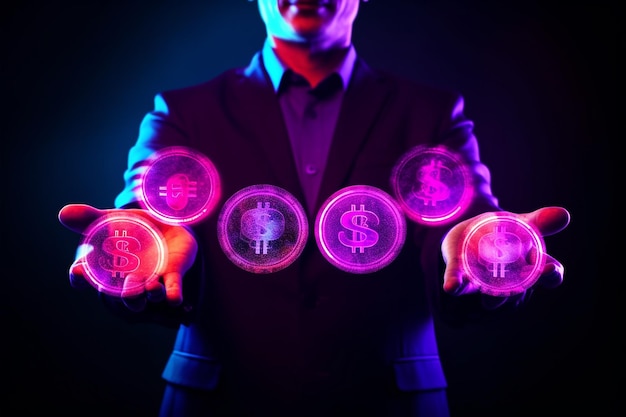 Businessman in a suit holding a glowing money symbol on a dark background
