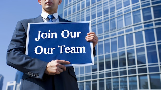 Photo businessman in suit holding join our team sign in front of modern corporate building