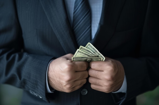 Businessman in a Suit Holding a Wad of Cash Corruption Concept