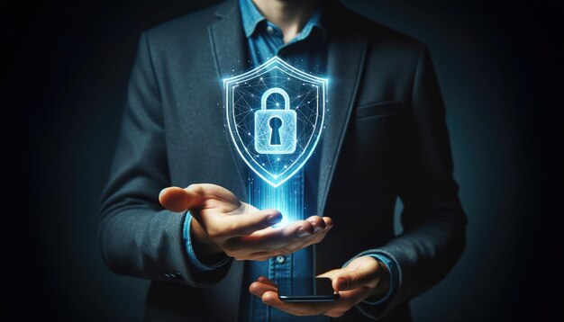 A businessman in a suit holds a digital holographic shield symbolizing cybersecurity and data protection with a smartphone in hand