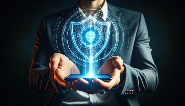 Бизнесмен в костюме держит цифровой голографический щит, символизирующий кибербезопасность и защиту данных, с смартфоном в руке
