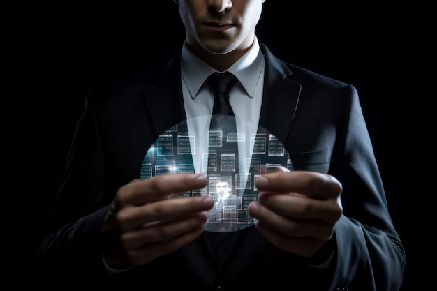 A businessman in a suit holds a glowing hologram depicting successful business concepts Ai generative