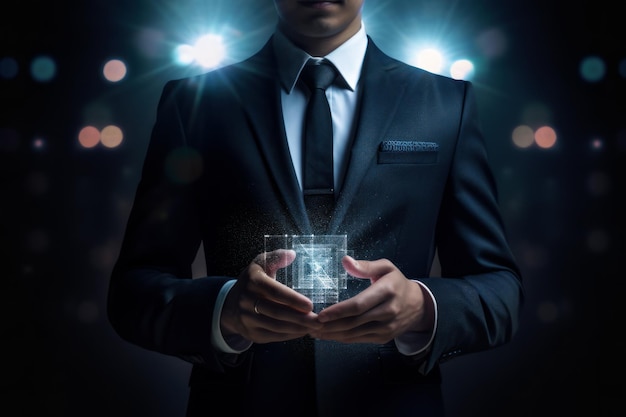 A businessman in a suit holds a glowing hologram Successful modern business concept Ai generative