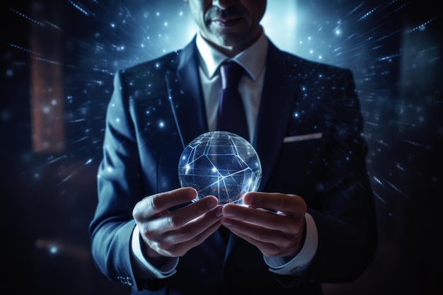 A businessman in a suit holds a glowing hologram with a blue planet in the background Ai generative