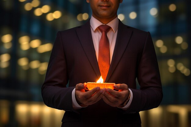 A businessman in a suit is holding a diya in front of an office building