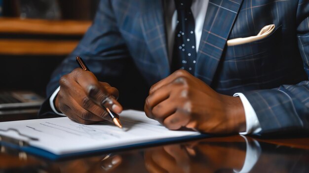 A businessman in a suit is signing a contract He is sitting at a desk and has a pen in his hand The contract is on a clipboard