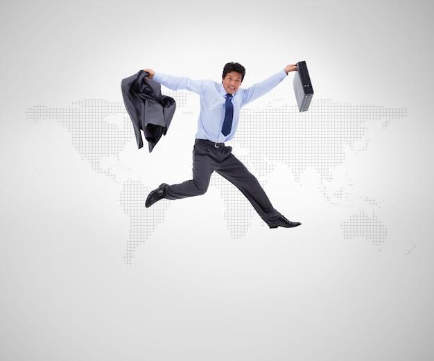 Photo businessman in suit jumping against background