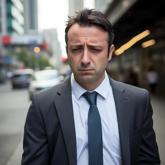 Businessman in suit looking down in disappointment