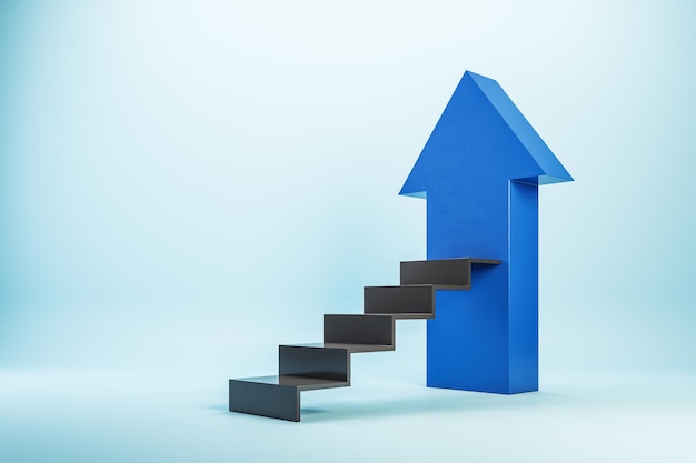 Businessman in suit looking on stairs with blue arrow Start up and success concept