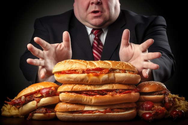 A businessman in a suit makes a stop gesture towards a towering stack of fast food sandwiches